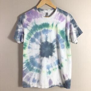 Classic Boho Tie Dye T Shirt Green Yellow White Medium